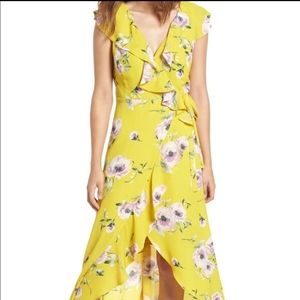 Yellow floral wrap dress